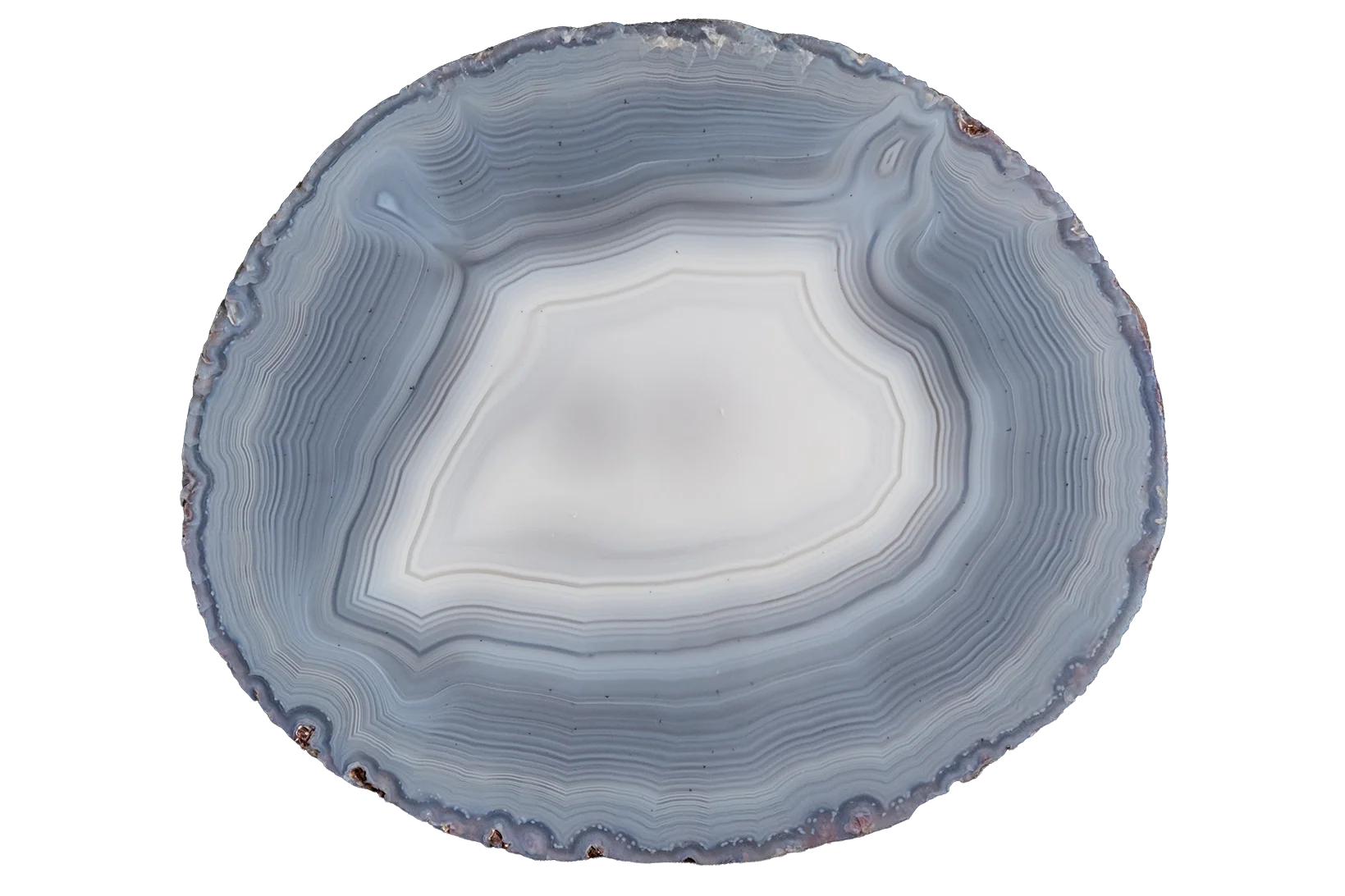 A round agate stone with concentric band patterns in shades of blue, gray, and white, isolated on a white background.