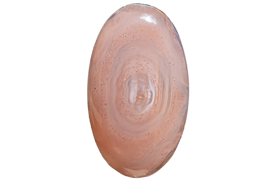 A single oval cabochon gemstone with a peachy-pink and light brown marbled pattern, centered on a solid white background.