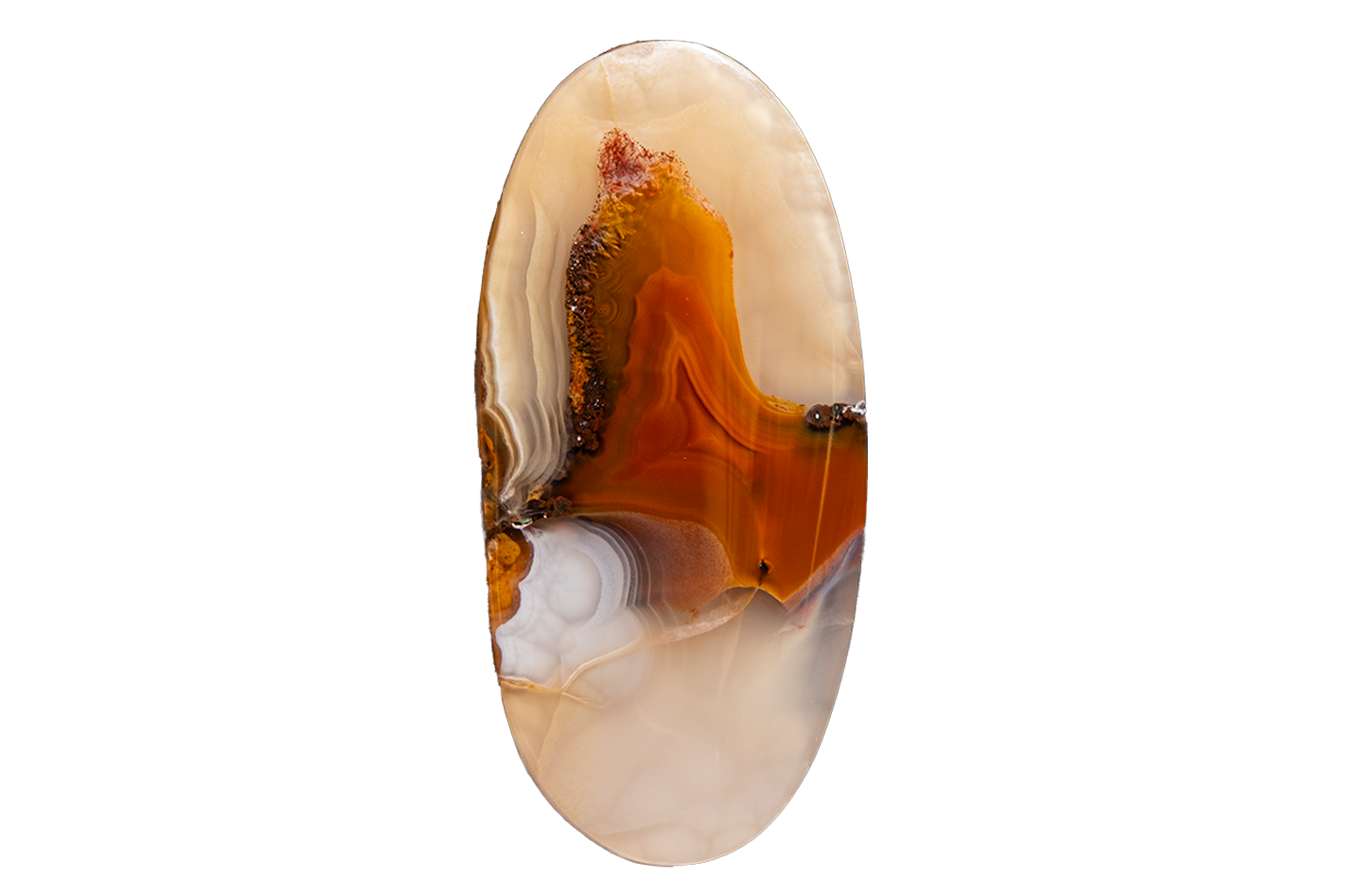 An oval cabochon gemstone featuring natural agate banding with swirls of translucent cream, white, and warm amber-brown, isolated on a solid white background.