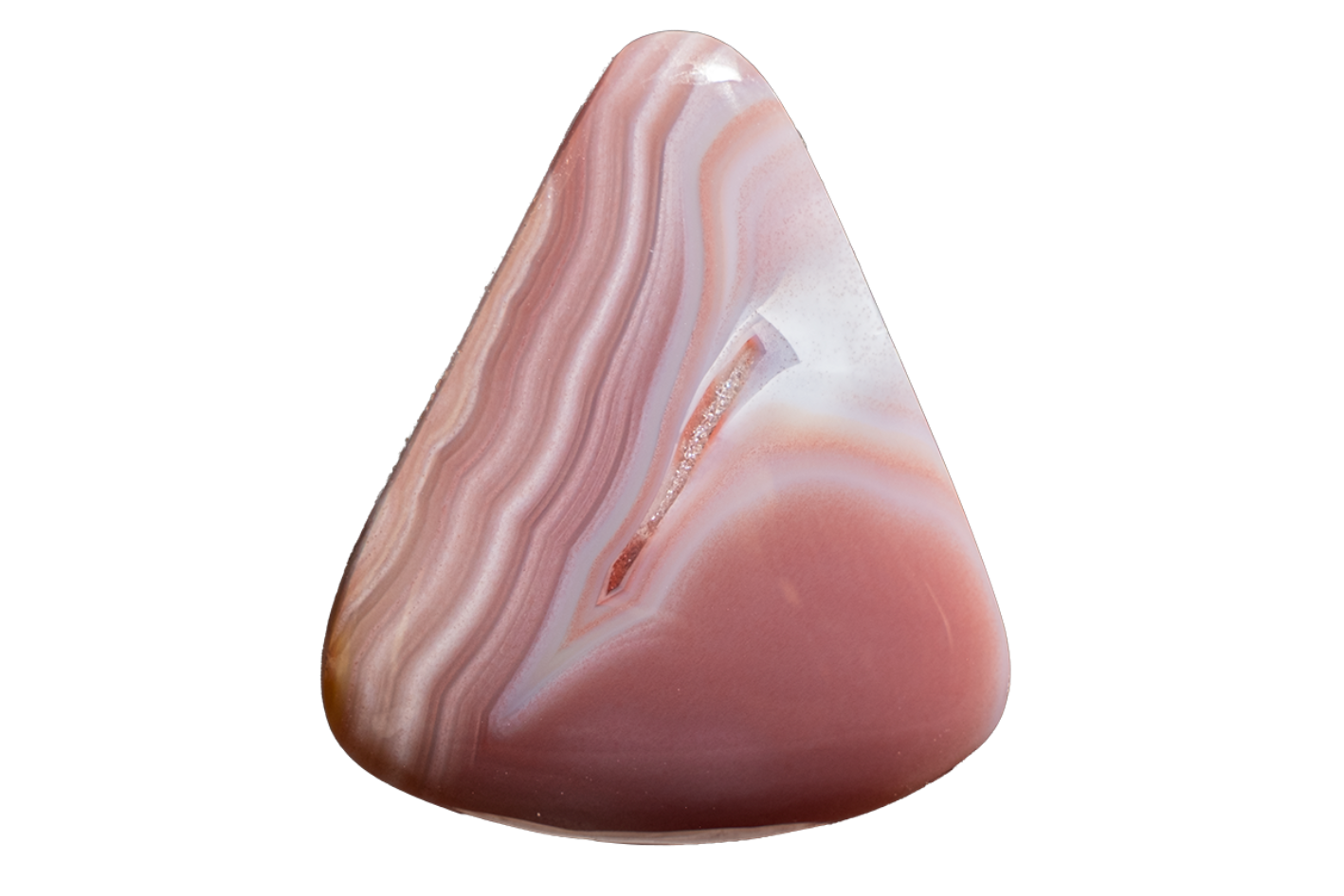 A polished triangular gemstone with natural banding in shades of dusty pink, mauve, and off-white, isolated on a solid white background.
