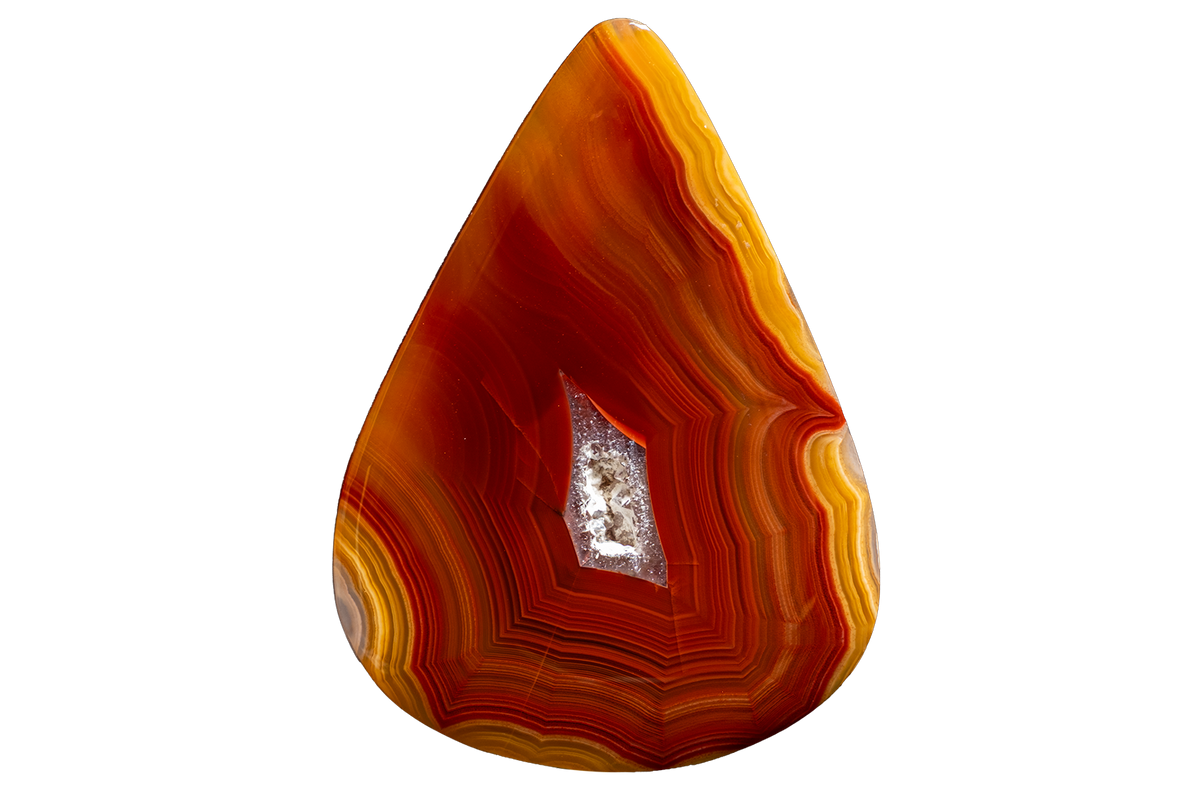 A polished teardrop-shaped agate stone with vibrant concentric bands of orange, red, and yellow, featuring a natural diamond cavity near the center, isolated on a white background.