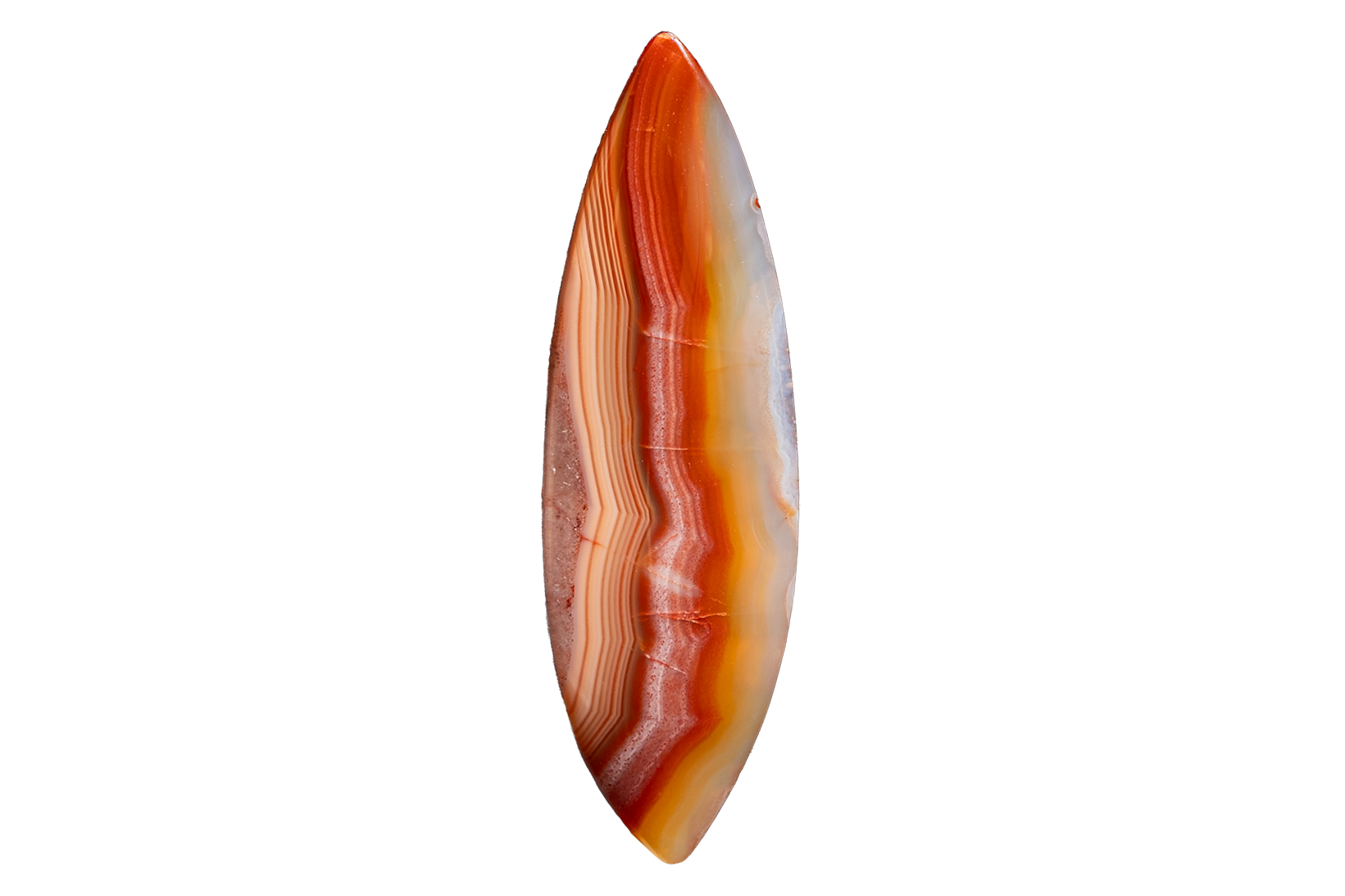 A polished cabochon gemstone with a teardrop shape, featuring natural banding in shades of orange, red, brown, cream, and light gray, isolated on a solid white background.