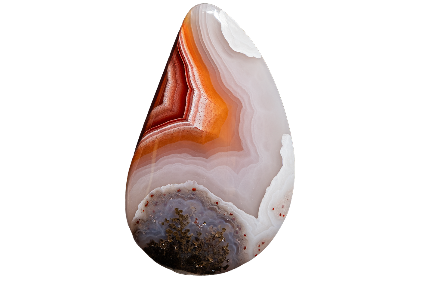 A polished teardrop-shaped agate stone cabochon featuring concentric bands of orange, red, white, and gray with a dark brown agate base, isolated on a white background.