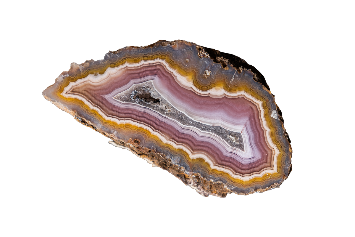 A polished slice of agate stone with concentric bands of purple, pink, gray, yellow, and white, set against a solid white background.