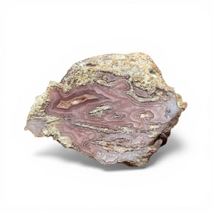 Geode with pink and white interior on a white background