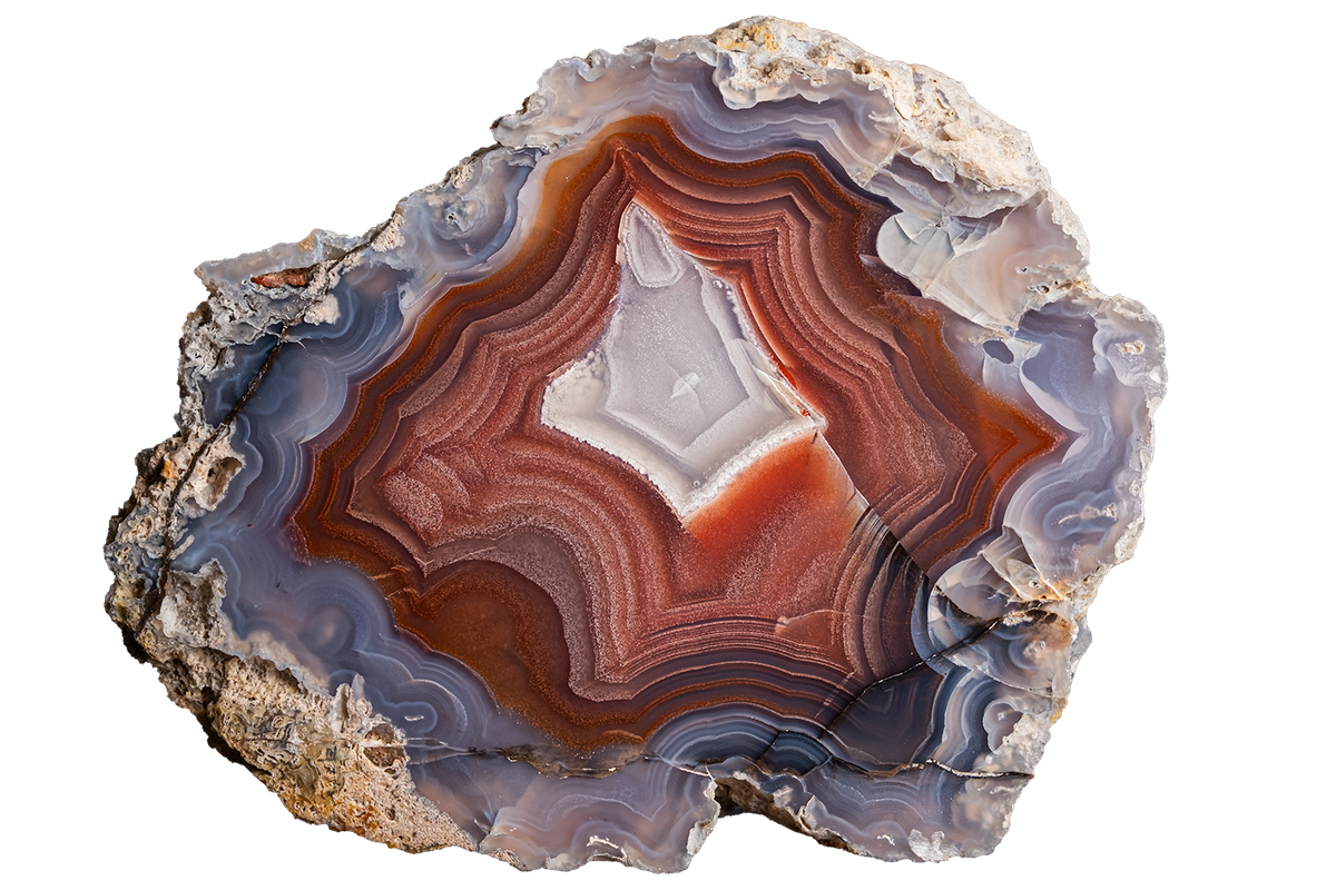 A polished slice of agate or banded stone with concentric bands of white, reddish brown, gray, and blue-gray, shown on a plain white background.