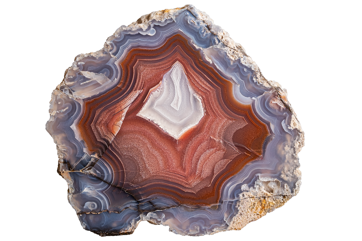 A polished slice of agate stone with concentric bands of white, reddish-brown, gray, and blue, isolated on a solid white background.