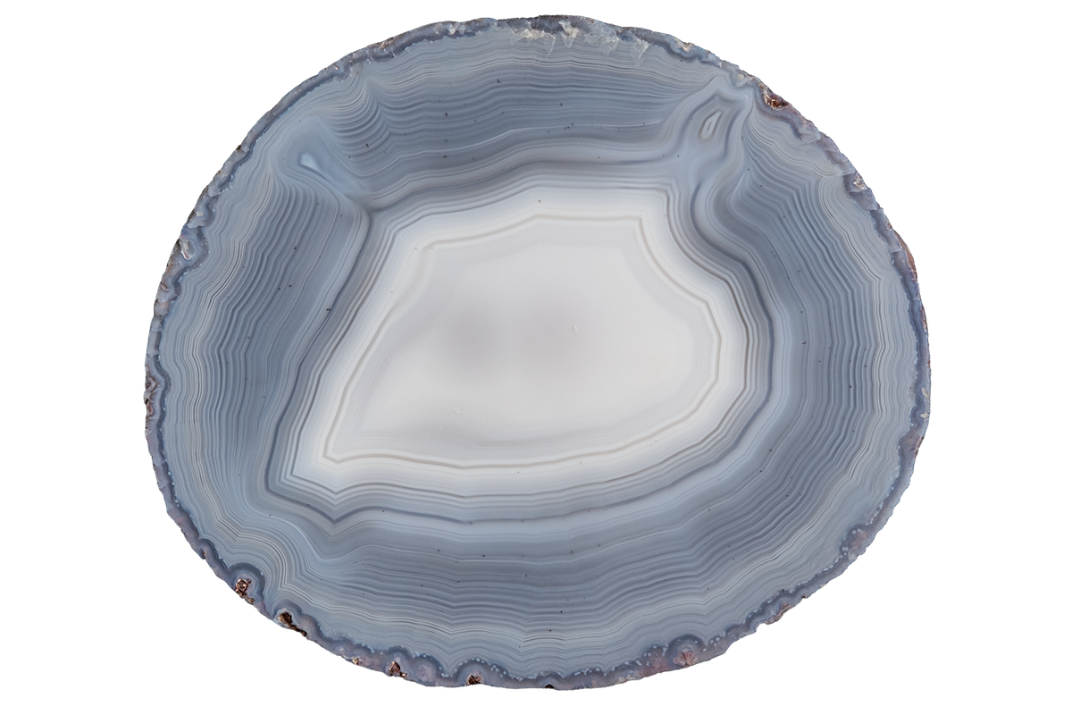 A round agate stone with concentric band patterns in shades of blue, gray, and white, isolated on a white background.
