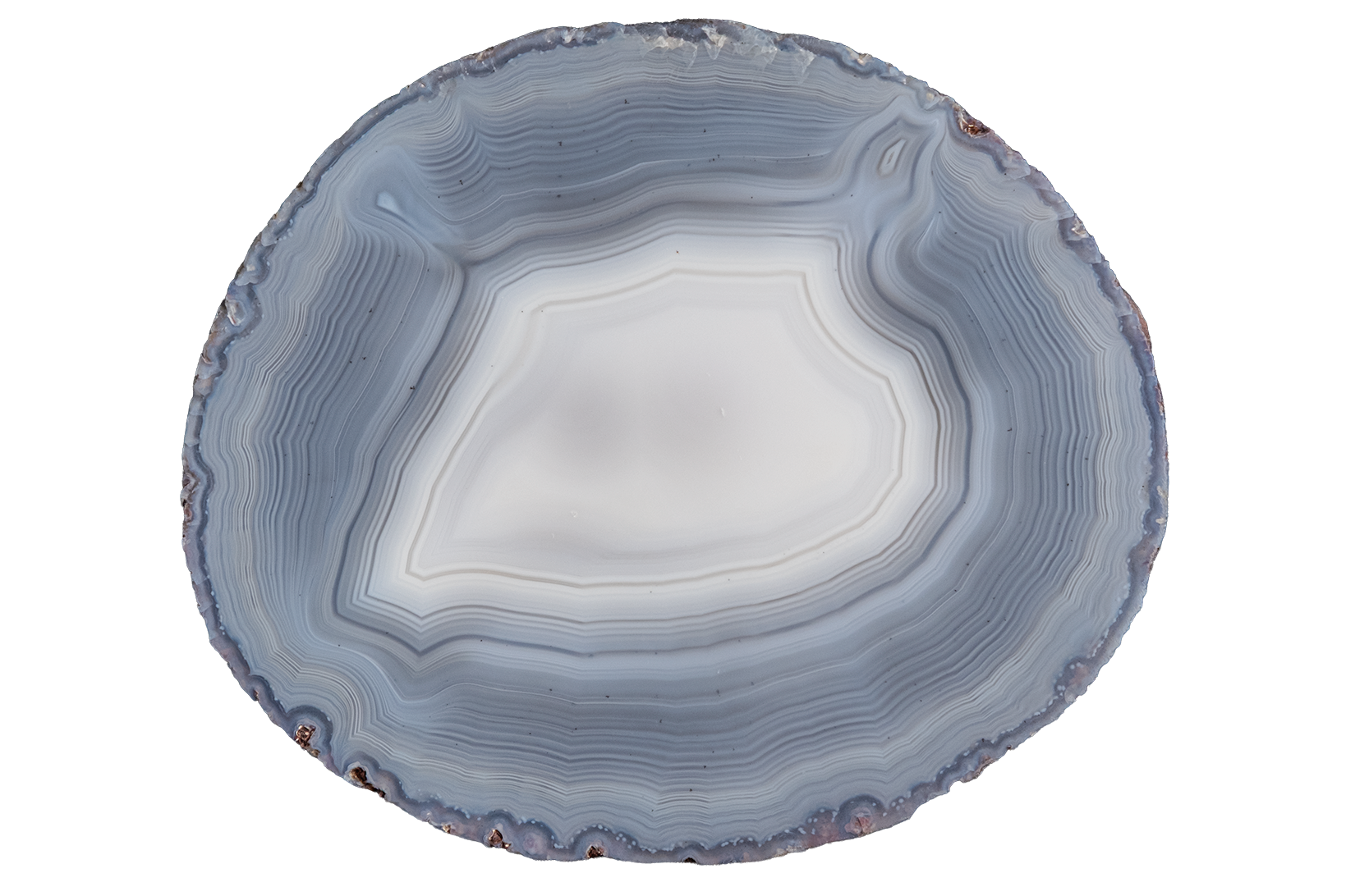 A round agate stone with concentric band patterns in shades of blue, gray, and white, isolated on a white background.
