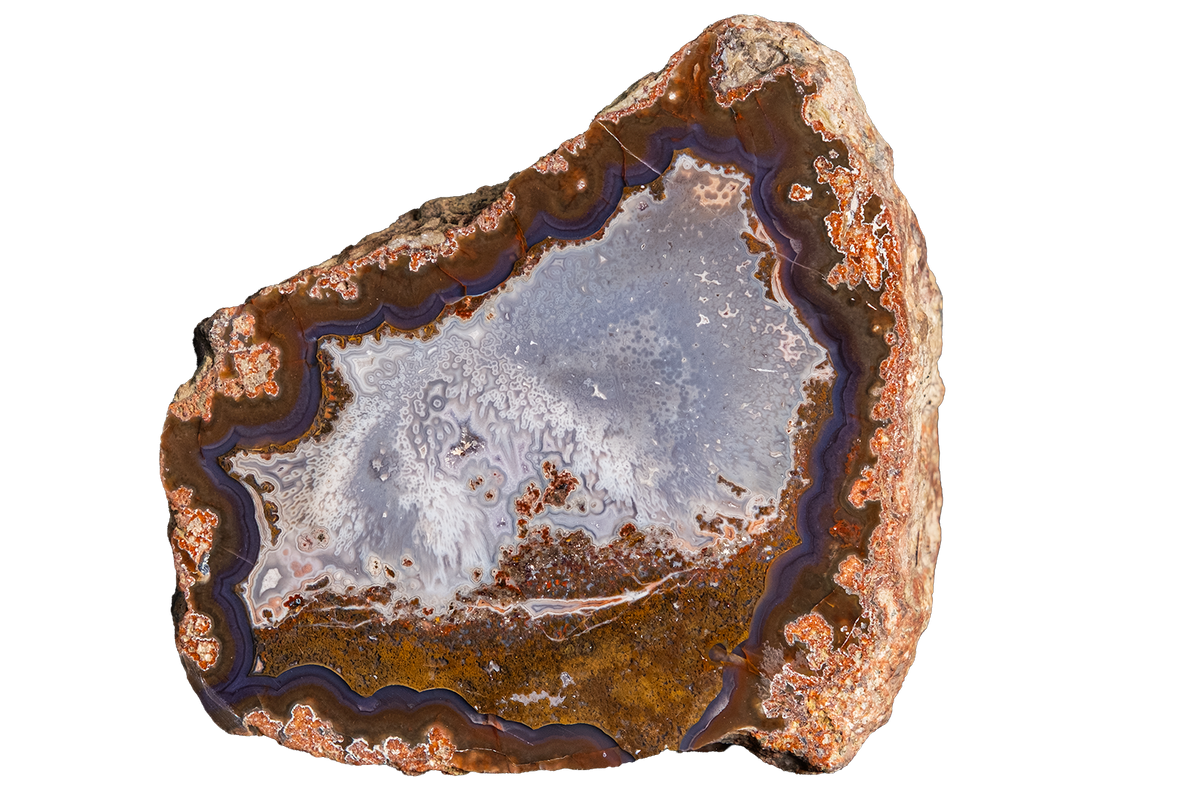A polished geode slice with a smooth, glossy light gray to white interior and a textured, rust-brown outer matrix, isolated on a solid white background.
