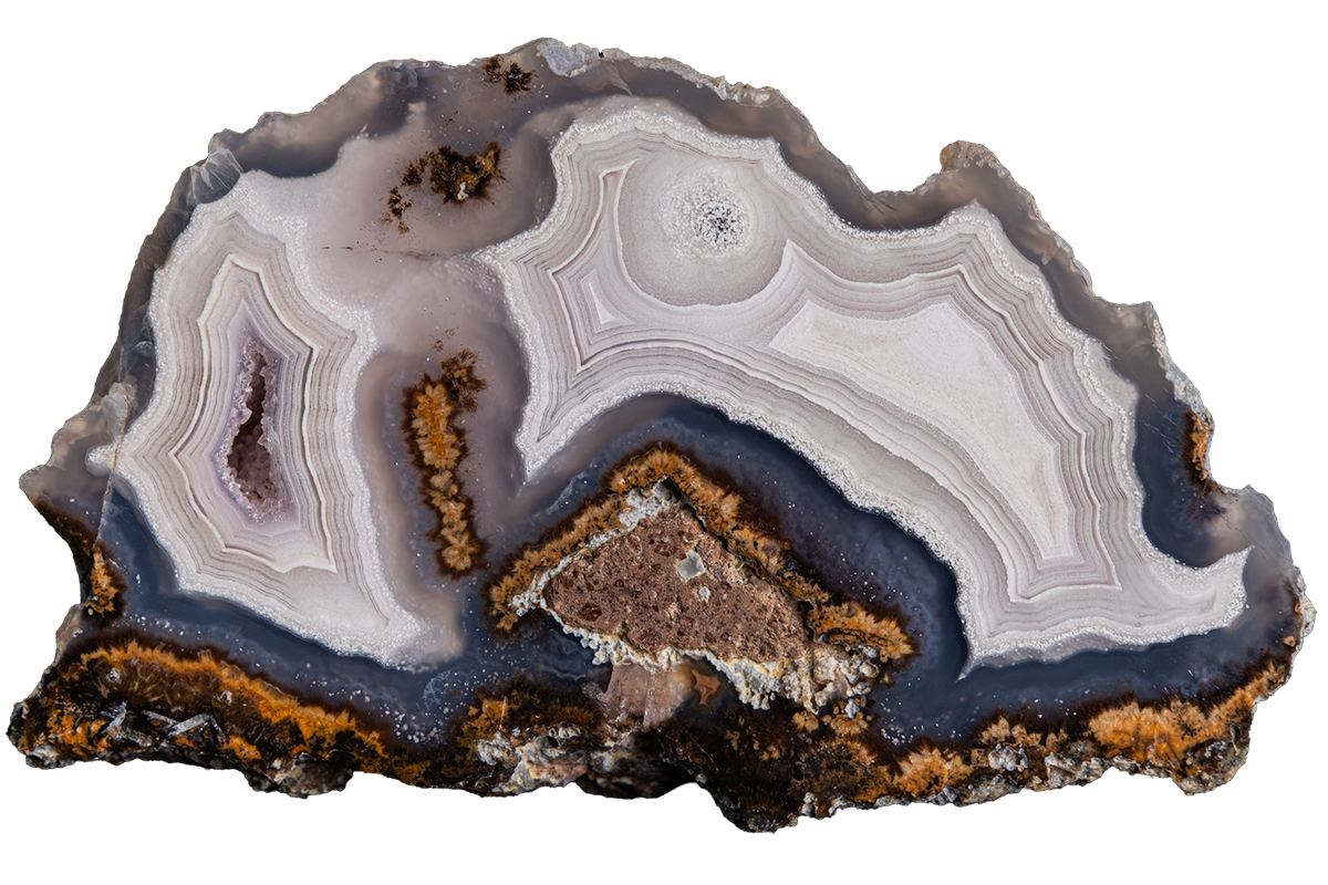 A polished agate geode slice with concentric banding in shades of gray, white, and deep blue, accented by textured brown and orange crystalline layers along the rough outer edges, isolated on a white background.