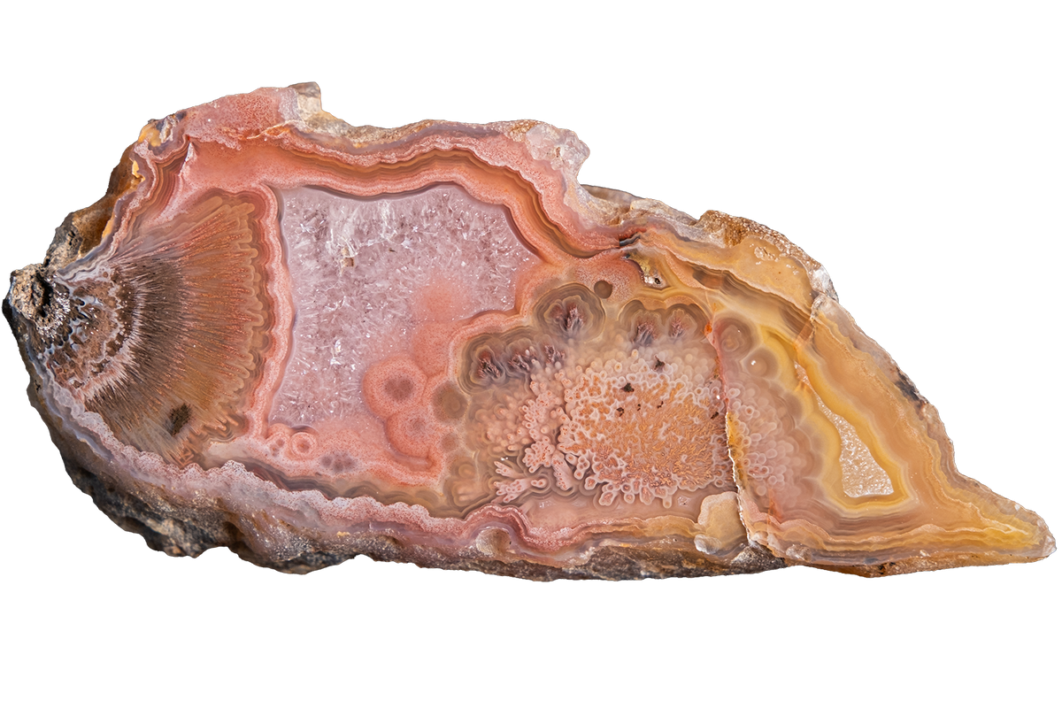 A polished slice of agate or banded stone with concentric bands of pink, peach, orange, cream, and brown, shown on a plain white background.