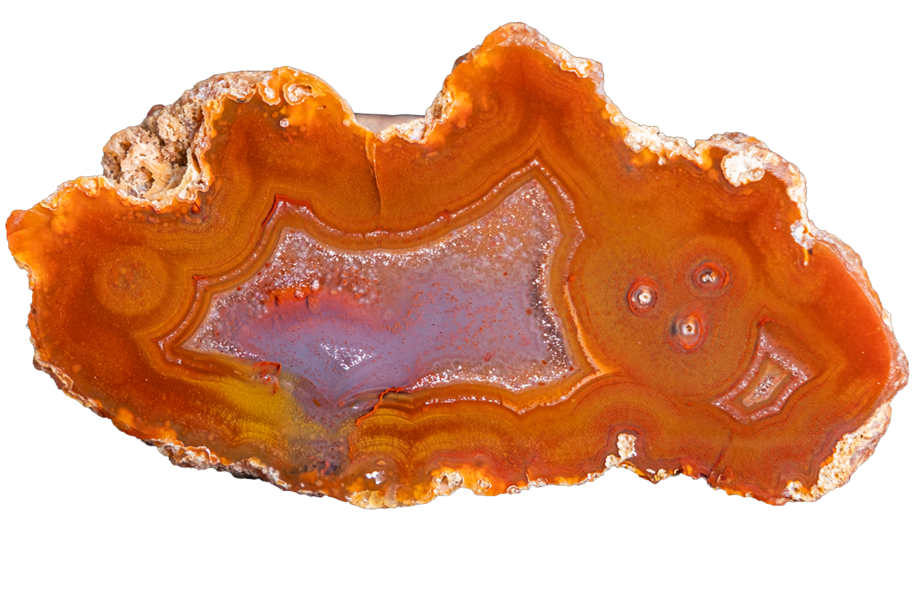 A polished slice of agate or jasper stone with concentric bands of orange, brown, and a central purple-blue area, isolated on a white background.