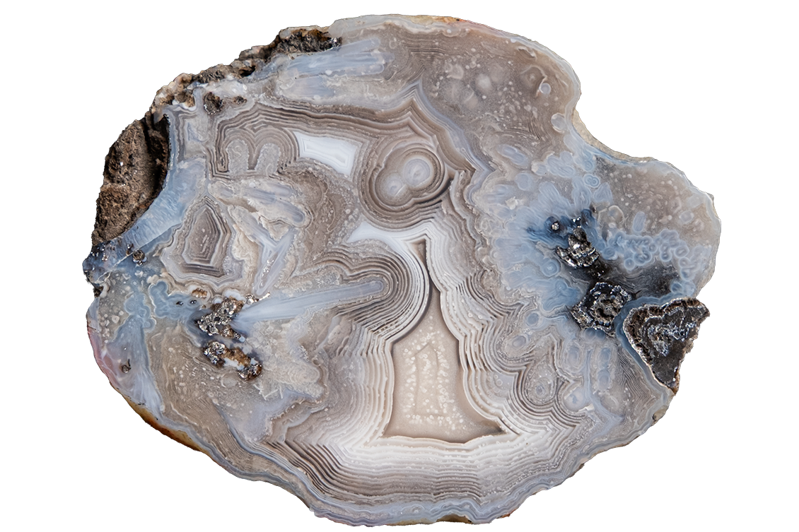A polished agate stone slice with concentric bands of white, light blue, gray, and dark brown, isolated on a solid white background.