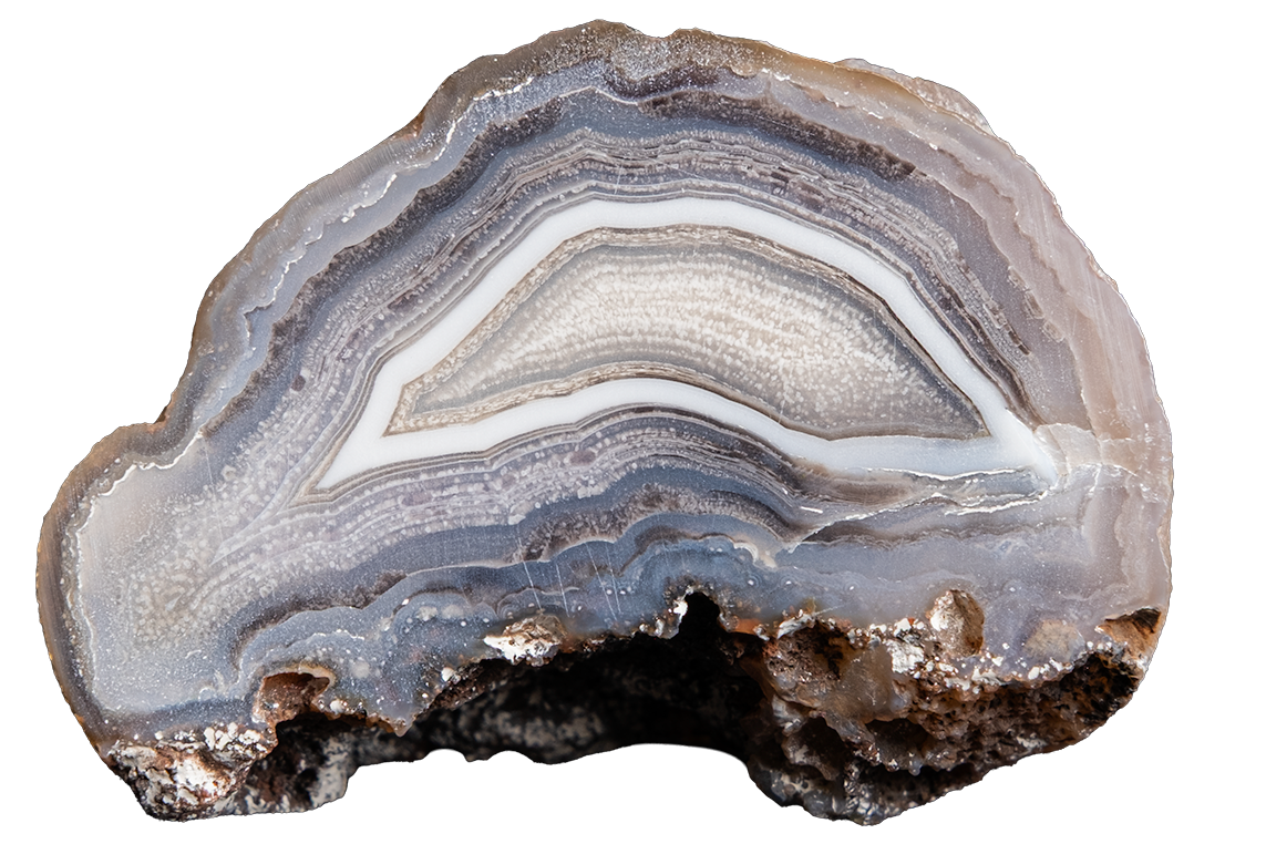 A polished slice of agate or geode stone with concentric bands of gray, white, blue-gray, and brown, shown on a plain white background.