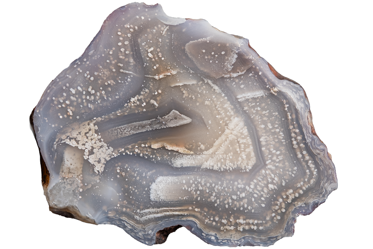 A polished slice of agate or banded stone with layered translucent bands in gray, white, and taupe tones, shown on a plain white background.