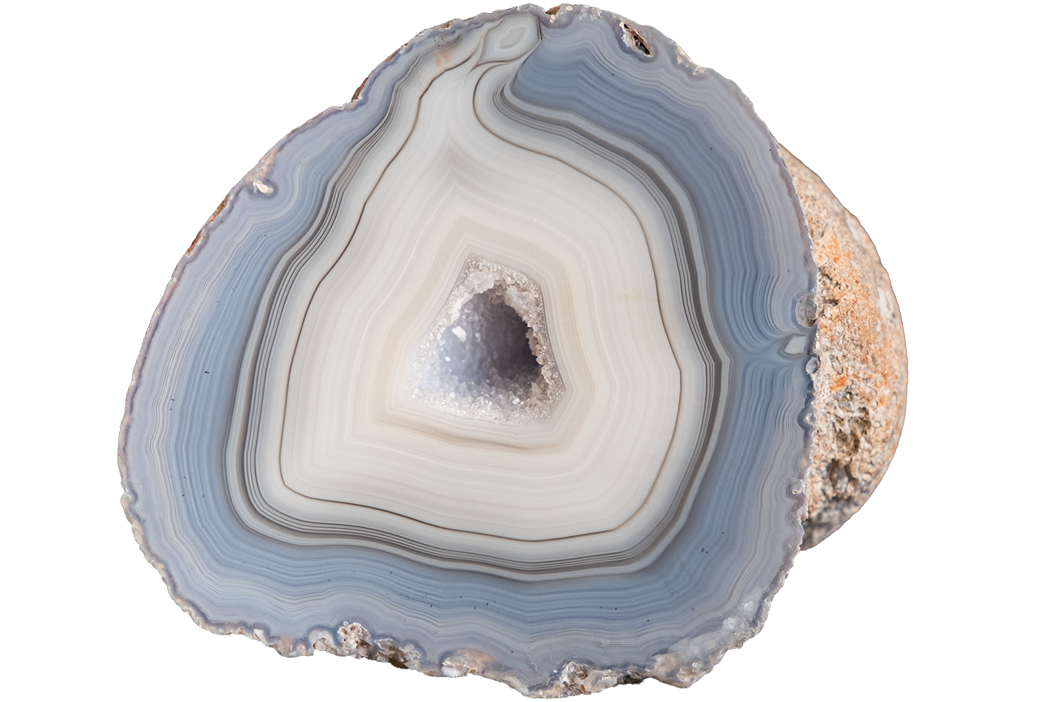 A polished slice of agate geode showing concentric bands of light blue, gray, cream, and white, with a darker central cavity and rough tan matrix visible on the right edge, isolated on a white background.